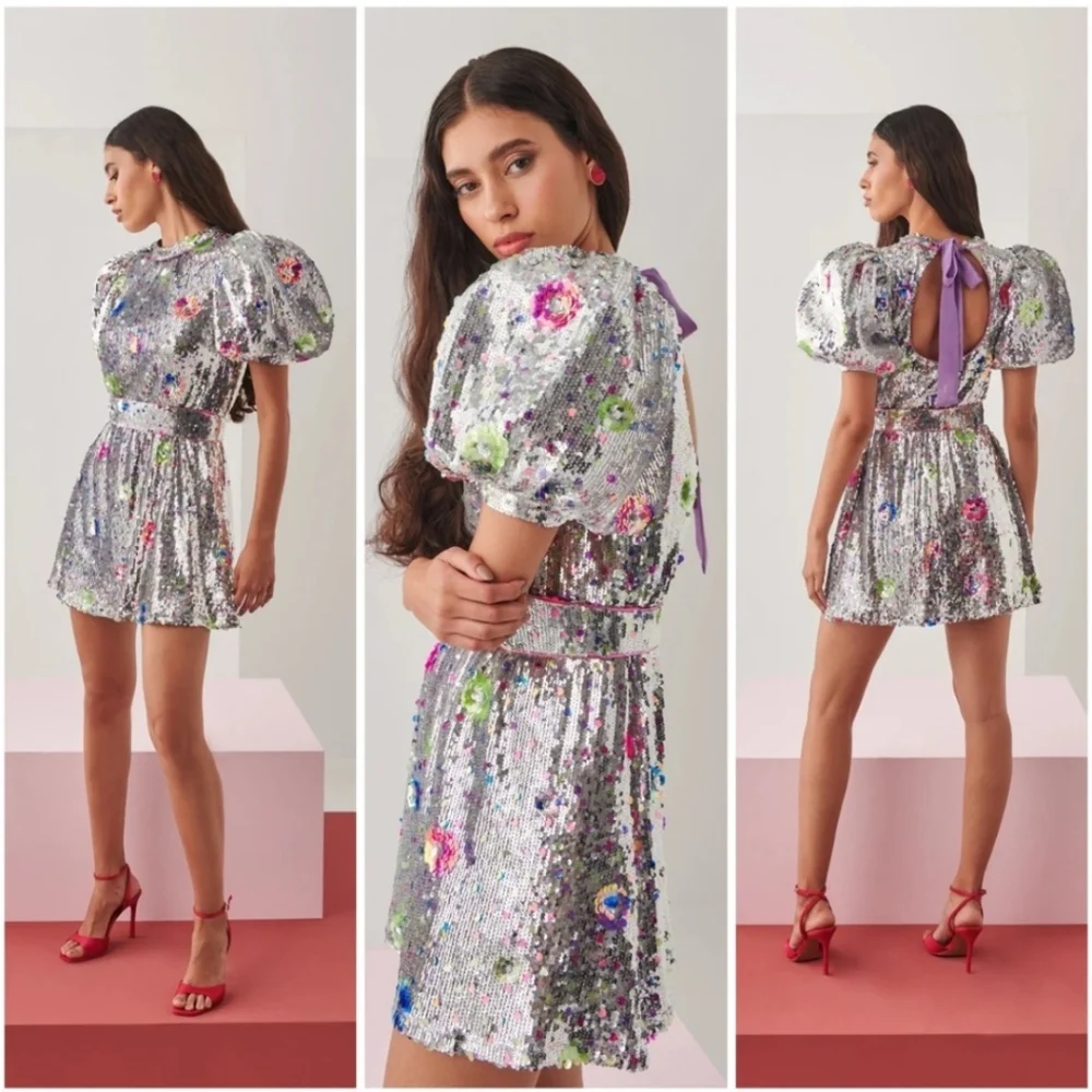 CeliaB Silver Sequin Mini Dress with Floral Accents - Picture 2 of 15